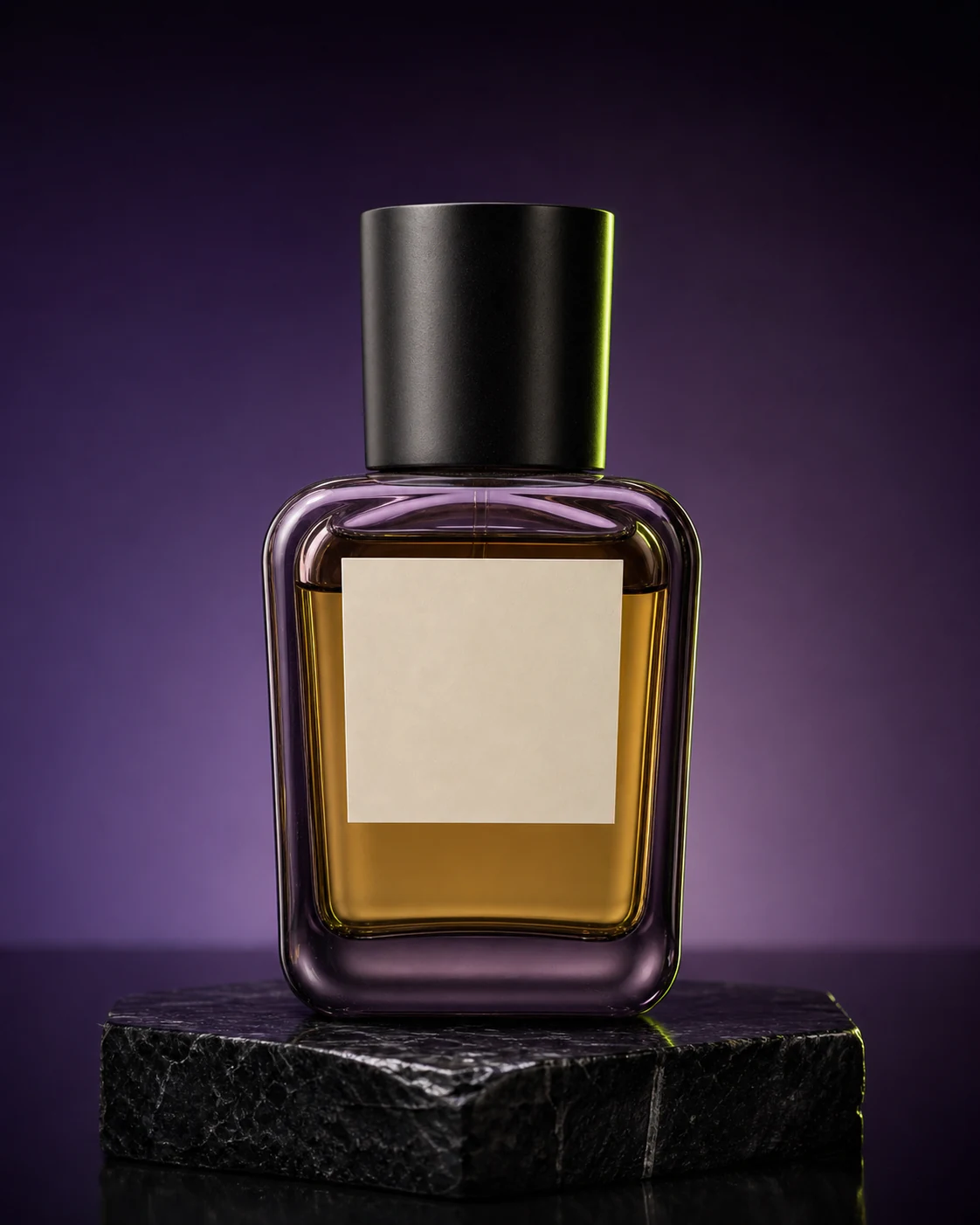 The same perfume bottle photographed in a professional violet studio